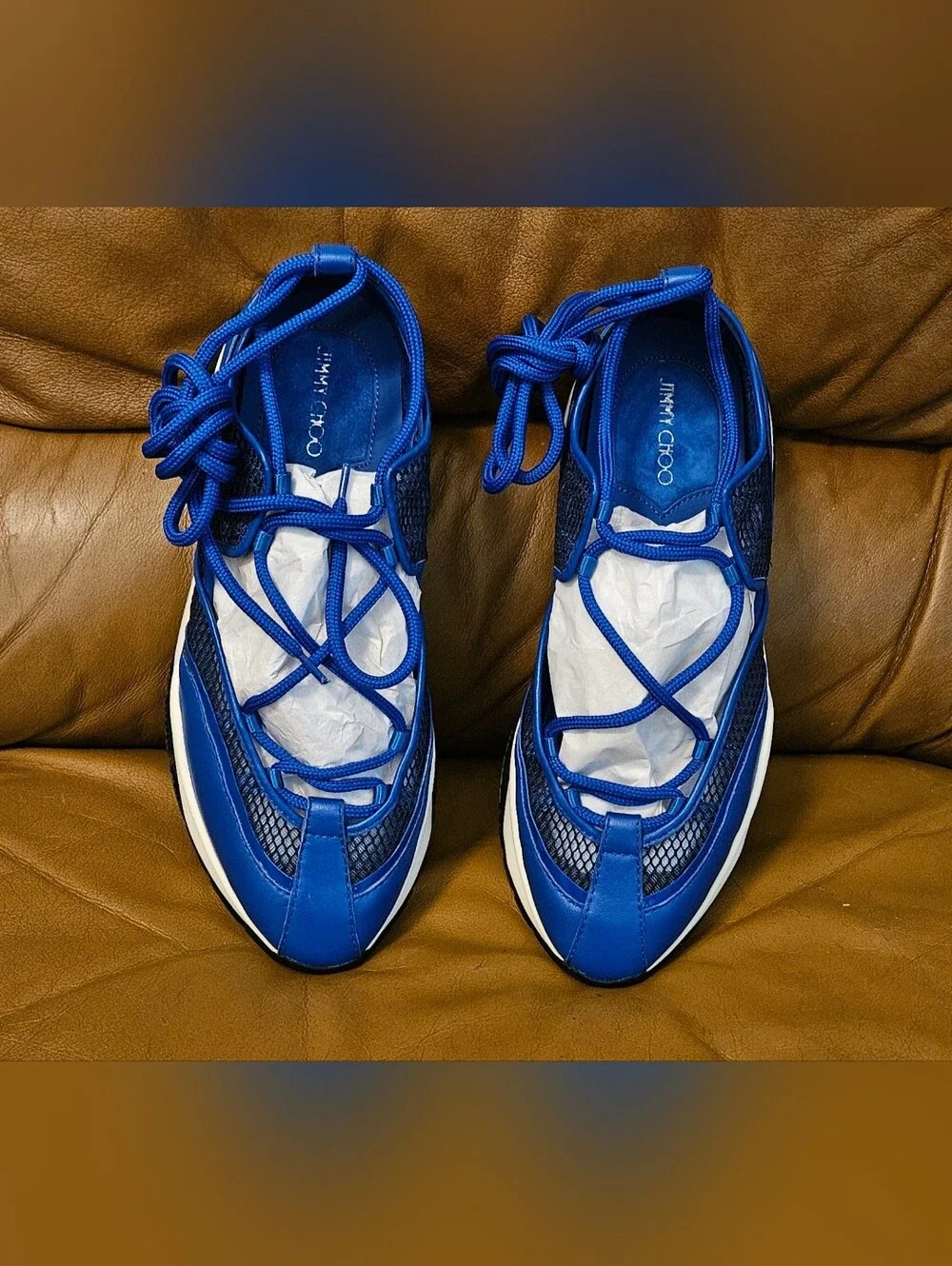 New Women's Jimmy Choo Blue Leather Strappy Lace Designer Sneakers Size 5.5 US